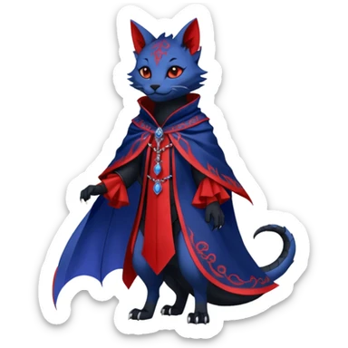 Kawaii gothic badass black, red, indigo, cute beautiful pretty elegant divine edgy feline-vernid-sergal-Haku-dragon-fursona-animal-creature, full body, with intricate detailed markings, Embroidered capelet, silken shawl sticker