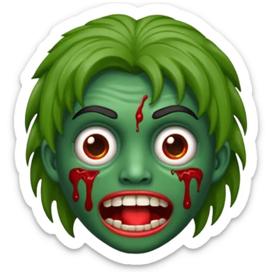 emoji de zumbi estilo WhatsApp, cabeça verde, cabelo cacheado vermelho volumoso, olhos brancos brilhando, expressão divertida e assustadora, cartoon, linhas limpas, fundo transparente, qualidade alta sticker