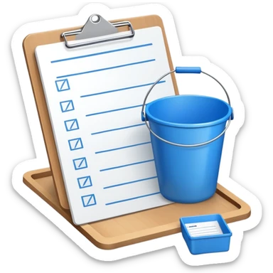 clipboard with a checklist and a small bucket beside it, symbolizing a bucket list sticker