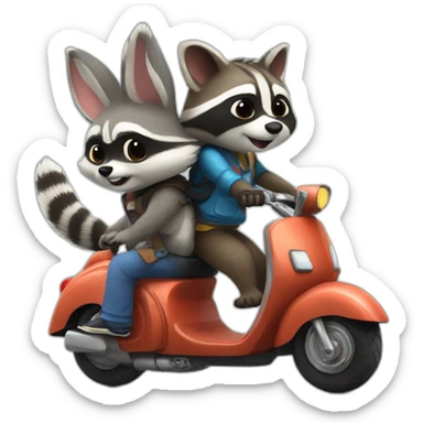raccoon giving a ride to bunny both on a scooter sticker
