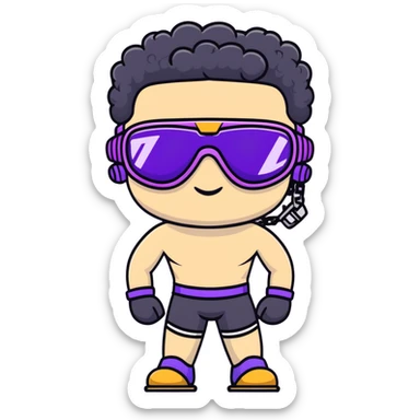 shirtless male athlete with white skin and moderately curly black hair on top with shaved sides, wearing ski goggles with purple frames/outline and very dark heavily tinted black lenses that completely hide the eyes, and a simple plain black chain necklace, no earrings sticker
