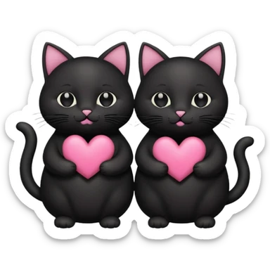 two fat cute black cats love, pink heart, closed mouth, black ears sticker