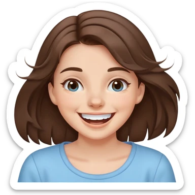 brunette girl with brown hair wearing pastel blue clothes laughing joyfully sticker