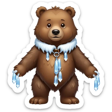 Natural looking brown bear walking on four paws, wearing a thick collar made of clear ice with sharp icicles dangling from it, like a large dog collar shape sticker