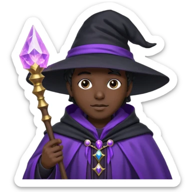 Wizard, black cloack with black hat, wand with purple magic, anime style, 3d sticker