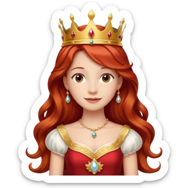 Red Haired Princess, Elegant Princess – long wavy red hair, gold crown, red-white gown, calm smile. sticker
