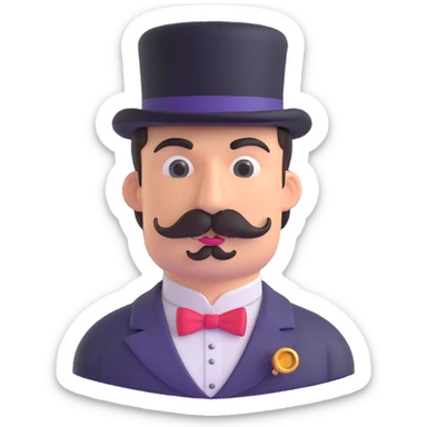 a man with a mustache, wearing a top hat and a monocle sticker