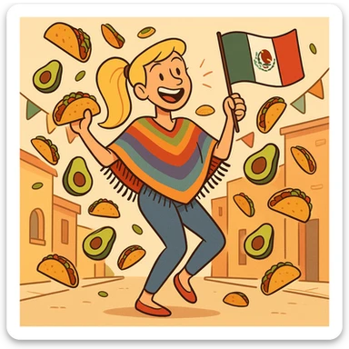 playful cartoon of a tall blonde woman, colorful poncho, smiling, holding taco and avocado, waving Mexico flag, dancing in the street, surrounded by tacos and avocados, street party scene sticker