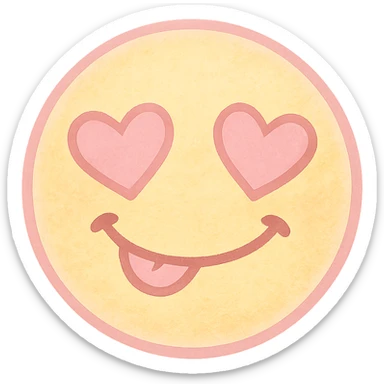 cute emoji, heart eyes, playful grin, pastel pink and yellow sticker