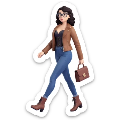 3D animated drawing of a slim, light-skinned woman with wavy black hair and square-shaped glasses, wearing a black corset dress with a brown leather jacket, blue jeans, and brown ankle boots, walking confidently sticker