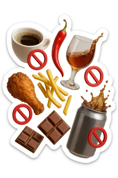 caffeina, alcolici, cibi piccanti, fritti, cioccolato e bevande gassate cadono dall'alto con piccoli divieti in 3d, iperrealistico 4k sticker