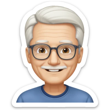 old guy, swept back white hair, blocky face, rectangle frame glasses, soul patch sticker