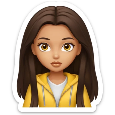 Bratz Sasha Dark brown long hair hazel eyes, yellow outfit sticker