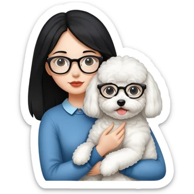 Girl with long black hair and glasses holding a white Bichon Frise dog sticker