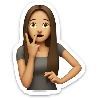 brown-haired woman with straighted long hair,  shows her index finger in front of her mouth sticker