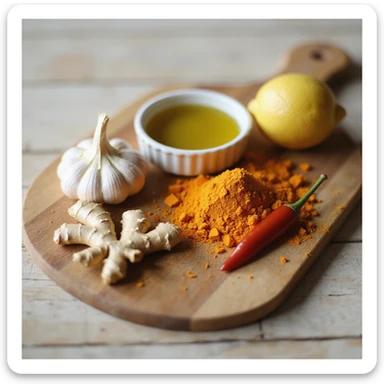 cutting board with anti-inflammatory ingredients: fresh ginger root, fresh turmeric, garlic, lemon, chili pepper, olive oil, natural atmosphere, realistic details, light wooden background sticker