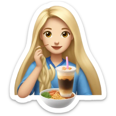  Blonde long hair girl eating Korean food and drinking boba sticker
