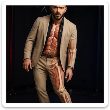 Realistic man standing in a gym, pose as in the reference, pelvis tilted, knee in valgus, and pronated foot. Visible skin and muscles, some translucent areas partially showing bones and joints involved (pelvis, knee, foot). Natural expression, clothing similar to the reference, hyperrealistic 4K details, gym environment. View slightly rotated by 45 degrees. Variant 5. sticker