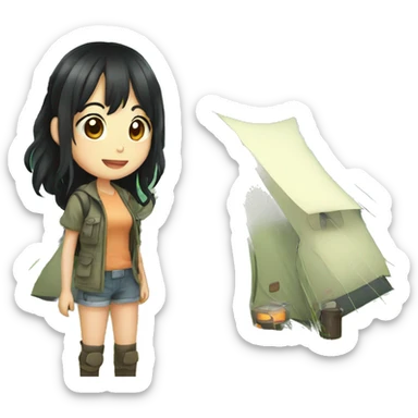 long black hair anime girl in camping sticker