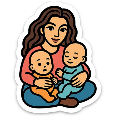 Create a variation of a woman with two infants, where one infant has a smile and closed eyes. The woman has detailed facial features, expressive eyes and lips with shadows and highlights, and long wavy hair. The style is icon-color-outlined with a retro sticker vibe. The background should be transparent. sticker