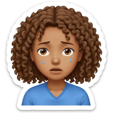 white young curly hair girl, brown hair, with a blue shirt, in despair crying sticker