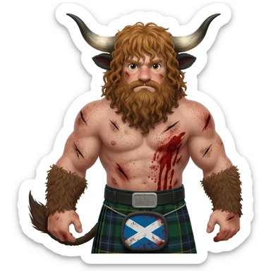 big buff curly hairy man covered in dirt scars and blood with freckles with messy light brown bangs that covers his face completely with bull horns and bull ears and bull tail dressed in kilt with shabby scottish flag sticker