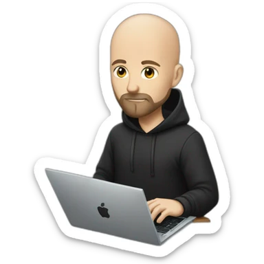 bald white man with a black beard typing on apple computer wearing a black hoodie sticker