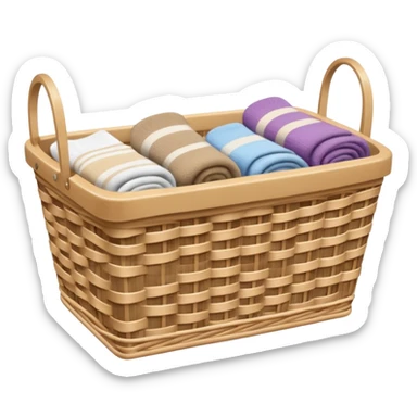 wicker laundry basket with socks draped over towels sticker
