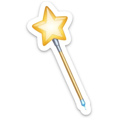 A sleek, glowing magic wand hovering in mid-air, emitting a soft trail of sparkling light. Tiny, faded-out emoji icons float around it, appearing as if they are about to be created but remain incomplete. The scene has a clean, minimalist aesthetic with a soft, neutral background. The wand radiates a subtle mystical glow, symbolizing creativity and the potential to generate new emojis. Flat, modern illustration, digital art, empty state design. sticker