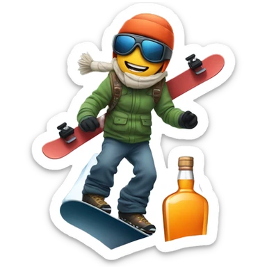 Boarder with whiskey bottle on the snowboard around the mountains sticker