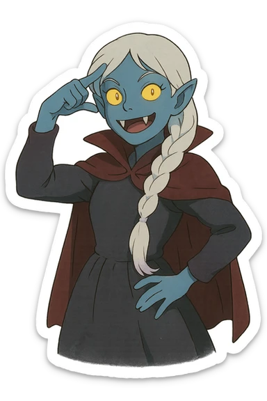 1 female, single long white braid with lavender tips. Vampire with blue skin and glowing gold yellow eyes. Meme pose sticker