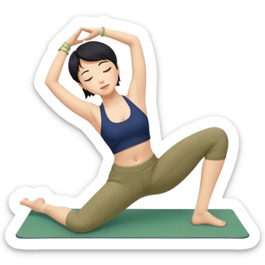 키는 작은편이고 앞머리 없는 단발머리야. 옆머리는 있고 요가를 좋아해. 남색 홀터넥을 많이 입고 민트색 요가바지를 자주 입어. 머리색은 검정색이고 하타요가를 좋아해. 바지색은 연한 연두색이고 요가매트는 카키색이야. 시르사파다 자세를 하고 있어. sticker