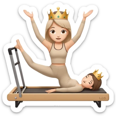 Cute sticker of a girl doing a Pilates stretch on a reformer while holding a cup of coffee in one hand. Wearing beige activewear and a small crown. Kawaii style, happy expression, vector, white outline, transparent background. sticker