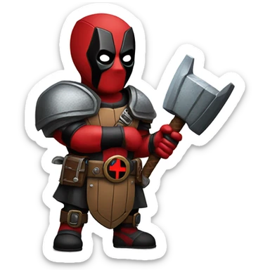 Deadpool holding Viking shield and thors hammer sticker