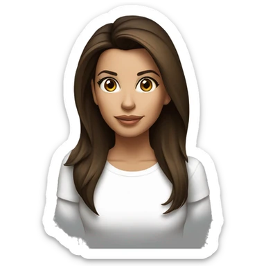 3/4 face, contrasted, shadow, light, Eva Longoria expression, standing, thin nose, brunette woman, hazel eyes, long eyelashes, dark shoulder shaded hair, white t-shirt, jeans, white sneakers sticker