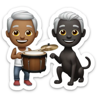 Dark skin guy with slightly receiding grey hair. Smiling playing bongos. With a black dog with brown spots, next to him  sticker