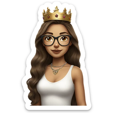 Hyperrealistic beautiful  girl, wearing a crown and glasses with tattoos, with long brown hair  sticker