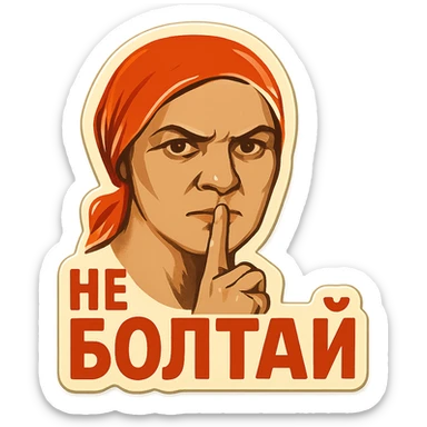 cartoon emoji of stern Soviet woman with red headscarf, finger to lips, phrase 'не болтай' in bold Cyrillic letters sticker