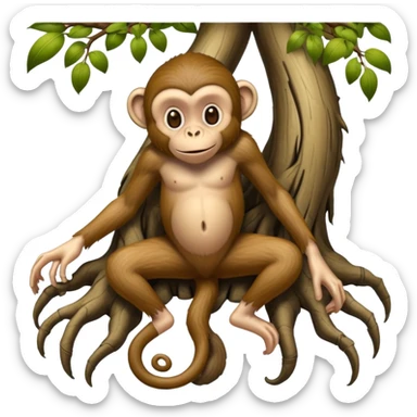 A creature with realistic human feet at the bottom, tree roots forming the legs, and a cartoon monkey face on top sticker