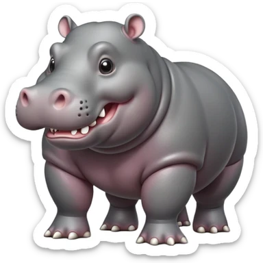 cinematic-hippo-realistic-full-body-side-view-standing-on-all-fours-emoji,-massive-round-frame,-wide-mouthed-grin-exposing-huge-teeth,-head-tilted-dramatically,-thick-grey-hide-glossy, big eues sticker