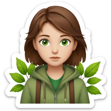 A girl with slightly tousled brown hair and green eyes, the color of light white and part of nature's  She is a nature girl. Cinematic Realistic sticker