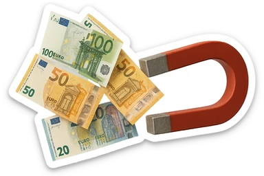 banconote di euro fluttuano vicino ad una calamita rossa, sono attratte, iperrealistico 4k sticker