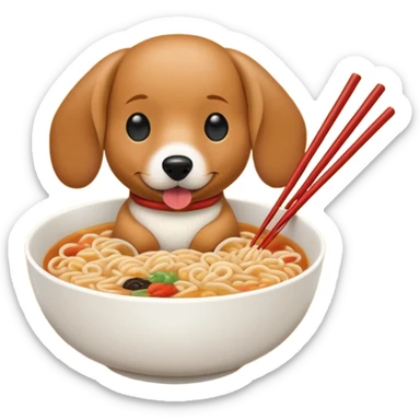 retro arcade style weenie dog eating ramen noodles out of bowl with chopsticks sticker