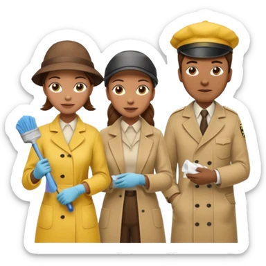 A cleaning Lady with Brown hair, high ponytail and yellow cleaning gloths is Talking to a Detektive (a man) with beige had, a beige coap and he is interviewing the cleaning Lady sticker