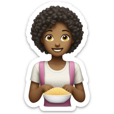 a curly haired girl eating rice  sticker