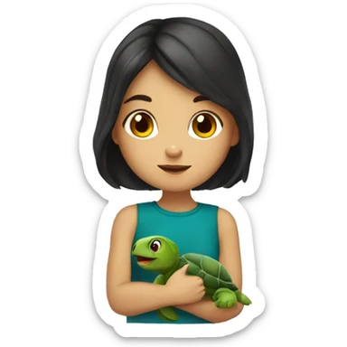 European girl with dark hair kiss little turtle sticker