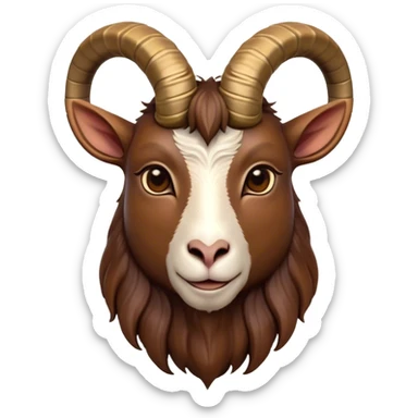 Cinematic Noble Brown Goat Portrait Emoji, Poised and regal, with a sturdy, agile build and a smooth, well-groomed rich brown fur accented by gracefully curved horns, deep-set soulful dark eyes, Simplified yet sharp and sophisticated features, highly detailed, glowing with a warm, dignified glow, high shine, intelligent and spirited, stylized with an air of rustic elegance, focused and attentive, soft glowing outline, capturing the essence of a watchful and confident goat, so majestic it feels as though it could leap out of the screen with effortless authority! sticker