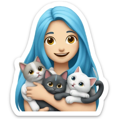 white skin girl with blue long hair hugging cats sticker