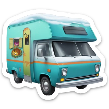 very expensive but haunted horror dream rv camper for Scooby Doo and the kids in the gang and Barbie while it’s cold and snowing hard outside. Spare Tire with cover attached to front of the vehicle like the Scooby van’s  sticker