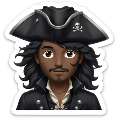 A charismatic pirate with wavy black hair tousled by the breeze. His silver-embroidered tricorn hat casts a shadow. Dark eyes glint with mischief as he looks to the side, a knowing smile on his lips. His black coat, adorned with silver buttons, shifts with the wind sticker